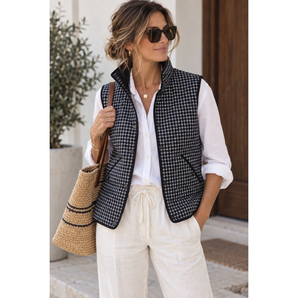 Lands' End Quilted Vest Womens L 14-16 Black White Gingham PrimaLoft Snap Front
